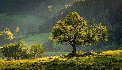 Sunlit forest scene with central tree, moss-covered ground, and radiant beams for editorial nature photography tranquil outdoor decor and poetic wilderness-themed visuals