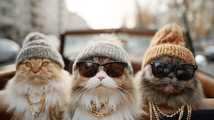 Funny group of three cool fluffy rich cats wearing sunglasses and knitted hats together with confident attitude, riding in stylish car