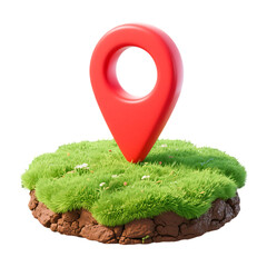 Realistic 3D rendering of a red location pin marker planted in a miniature grass island on a transparent background