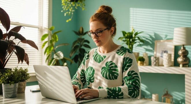Woman working on laptop at home surrounded by plants and natural light