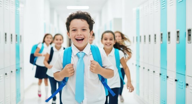 Happy students running down school hallway with backpacks and lockers