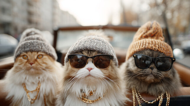 Funny group of three cool fluffy rich cats wearing sunglasses and knitted hats together with confident attitude, riding in stylish car