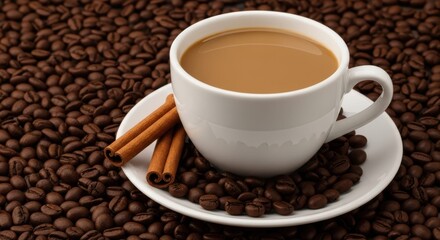 Obraz premium Coffee with milk and cinnamon sticks on a bed of roasted coffee beans