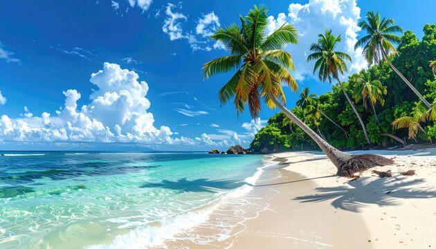 Pixelated tropical island beach scene with leaning palm trees crystal clear turquoise water and white sandy shore under a bright blue sky with fluffy clouds - Powered by Adobe