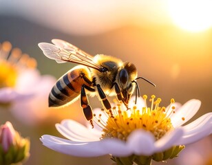 Close-up shot of a bee pollinating a flower under bright sunlight