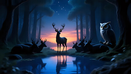 Naklejka premium Moon night landscape with a deer