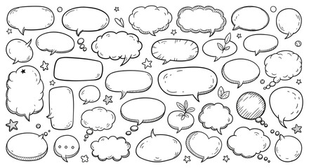 Collection of hand drawn speech bubbles and thought clouds in sketchy doodle style