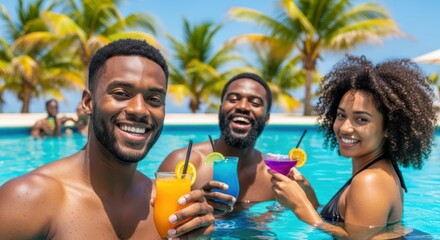 Friends enjoying cocktails in a swimming pool on a sunny vacation day