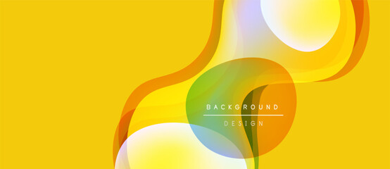 Abstract yellow background features overlapping colorful circles, curves. Modern design elements create dynamic visual effect.