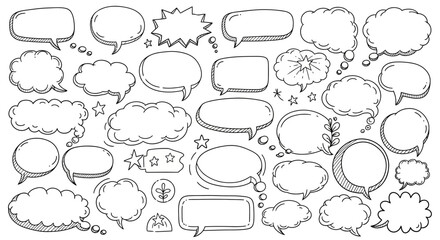 Collection of hand drawn speech bubbles and thought clouds in black and white sketch style