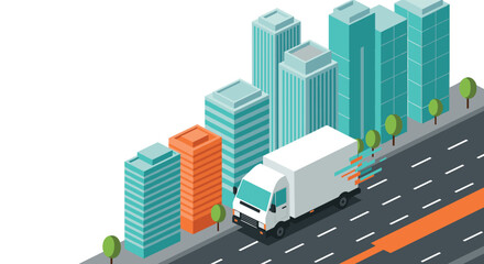 Fototapeta premium Isometric cityscape with delivery truck on road modern urban logistics concept