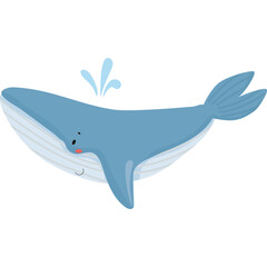 Whale illustration with water spray and cute face in blue tones and light blue accents white background