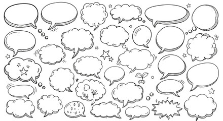 Collection of hand drawn speech bubbles and thought clouds in a sketchy doodle style