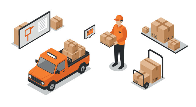 Efficient package delivery process with isometric design and modern technology elements
