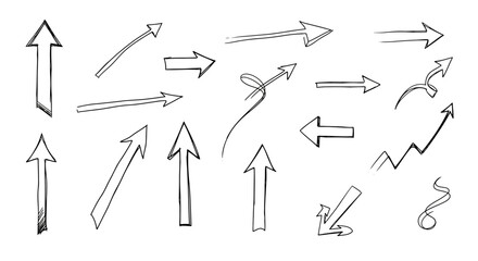 Collection of hand drawn arrows in various styles and directions on white background