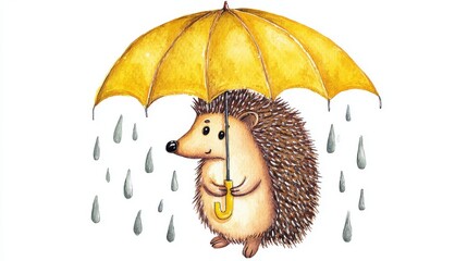 Cute hedgehog holding umbrella in the rain, hand-painted watercolor illustration with whimsical children&rsquo;s art style, perfect for storybooks and playful nursery themes
