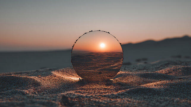 Mesmerizing ocean sunset reflected within a glass sphere on a serene sandy beach
