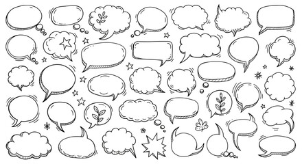 Fototapeta premium Collection of hand drawn speech bubbles and thought bubbles with doodle elements