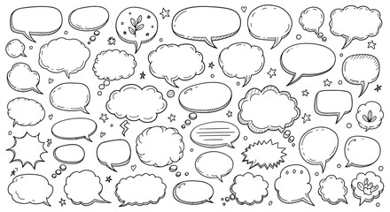 Collection of hand drawn speech bubbles and thought bubbles in sketchy doodle style