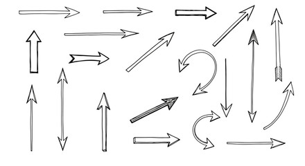 Naklejka premium Collection of hand drawn sketch arrows pointing in various directions and styles on white background