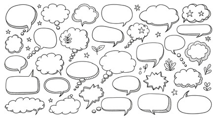 Collection of hand drawn speech bubbles and thought clouds in black and white sketch style
