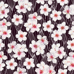 Seamless pattern with almond flowers and decorative abstract leaves on dark. Floral watercolor background. Perfect for design templates, wallpaper, wrapping, fabric, wedding and textile.