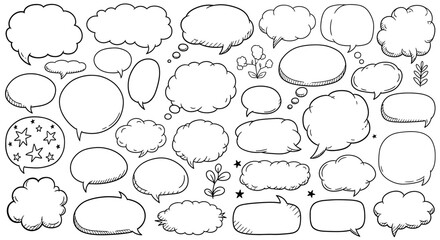 Collection of hand drawn speech bubbles and thought clouds in various shapes and sizes for comic books and graphic design