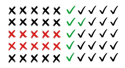 Hand drawn check marks and x marks representing correct and incorrect choices or decisions