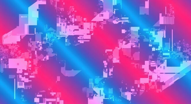 Abstract digital art with vibrant pink, purple, and blue gradient, featuring a dynamic glitch effect and fragmented geometric patterns.