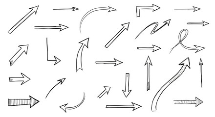 Collection of hand drawn sketch arrows in various directions and styles on white background
