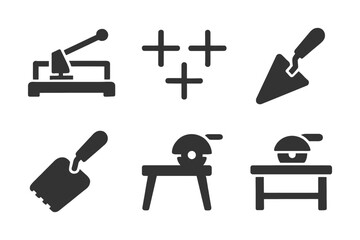 Construction and carpentry tools icons set with saw and trowels.
