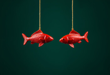 Two red fish figures suspended over dark green backdrop
