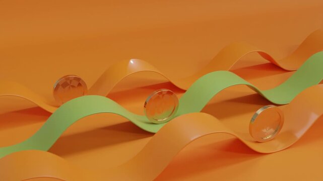Abstract 3D loop of golden coins rolling along orange and green sinusoidal ribbons on an orange background. Conceptual finance animation for market trends, cash flow, economics, growth dynamics, and i