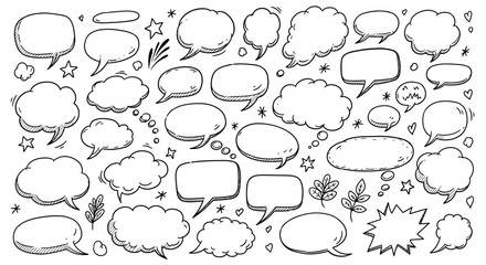 Collection of hand drawn speech bubbles and thought clouds with doodle elements and decorative accents