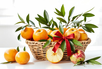 Woven basket with fresh tangerines, apples, green leaves, and red bow