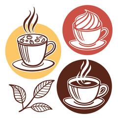 Obraz premium Collection of coffee cups and leaves on colorful backgrounds isolated on white