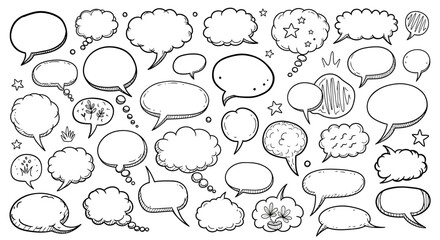 Collection of hand drawn speech bubbles and thought clouds in a doodle style with empty space for text