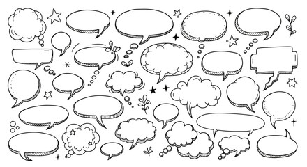 Collection of hand drawn speech bubbles and thought bubbles with stars and dots for communication concepts