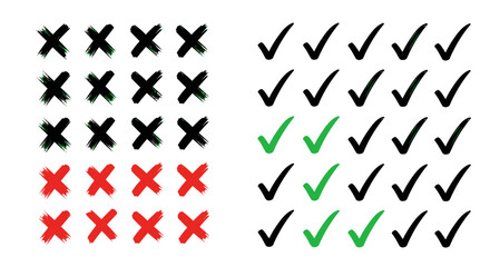 Hand drawn checkmarks and crosses in black green and red on a white background for decision making and evaluation