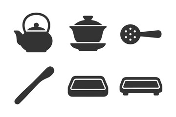 Tea set silhouettes: kettle, teacup, spoon, and more in black icons.