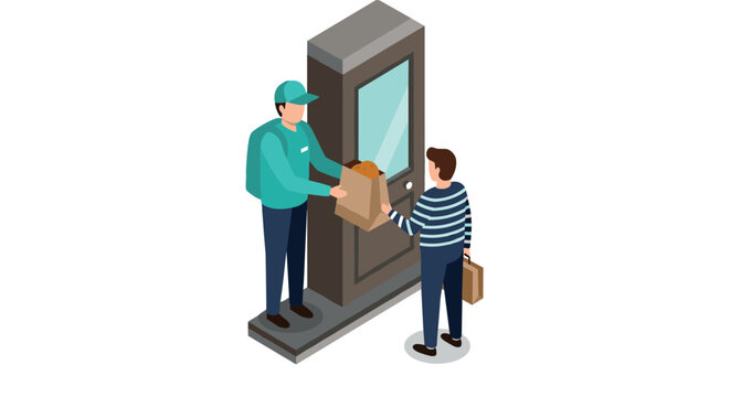 Isometric delivery service concept with courier handing package to customer at doorstep