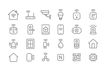 Smart home technology icons: automation, security, energy efficiency, connectivity.