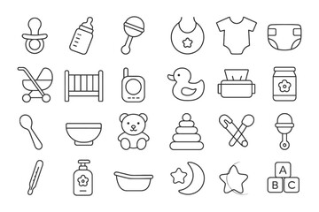 Collection of baby essentials icons: pacifier, bottle, toy, crib, diaper, and more.