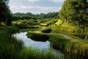 Fototapeta premium Serene lake bordered by lush green maze cart paths winding through tranquil landscape