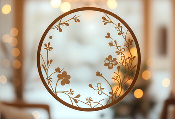 Floral circular pattern on frosted glass with bokeh background