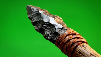 A close-up of an ancient stone spearhead, tightly bound to a wooden shaft with leather