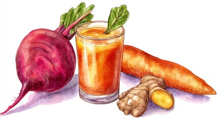 Fresh vegetable juice with carrot, beetroot, and ginger, hand-painted watercolor illustration representing nutritious detox drink and healthy wellness lifestyle
