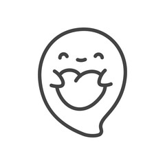 Cute ghost icon. Funny little ghost character holding big heart in hands. Monochrome doodle illustration isolated on white background. Kawaii sticker. Vector 10 EPS.
