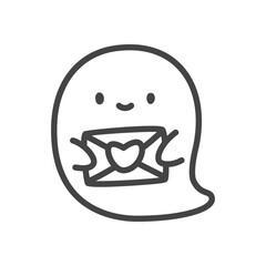 Cute ghost with love letter icon. Funny little ghost character holding envelope with heart seal. Monochrome doodle illustration isolated on white background. Kawaii sticker. Vector 10 EPS.