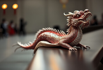 Red dragon statue with scales on dark display surface
